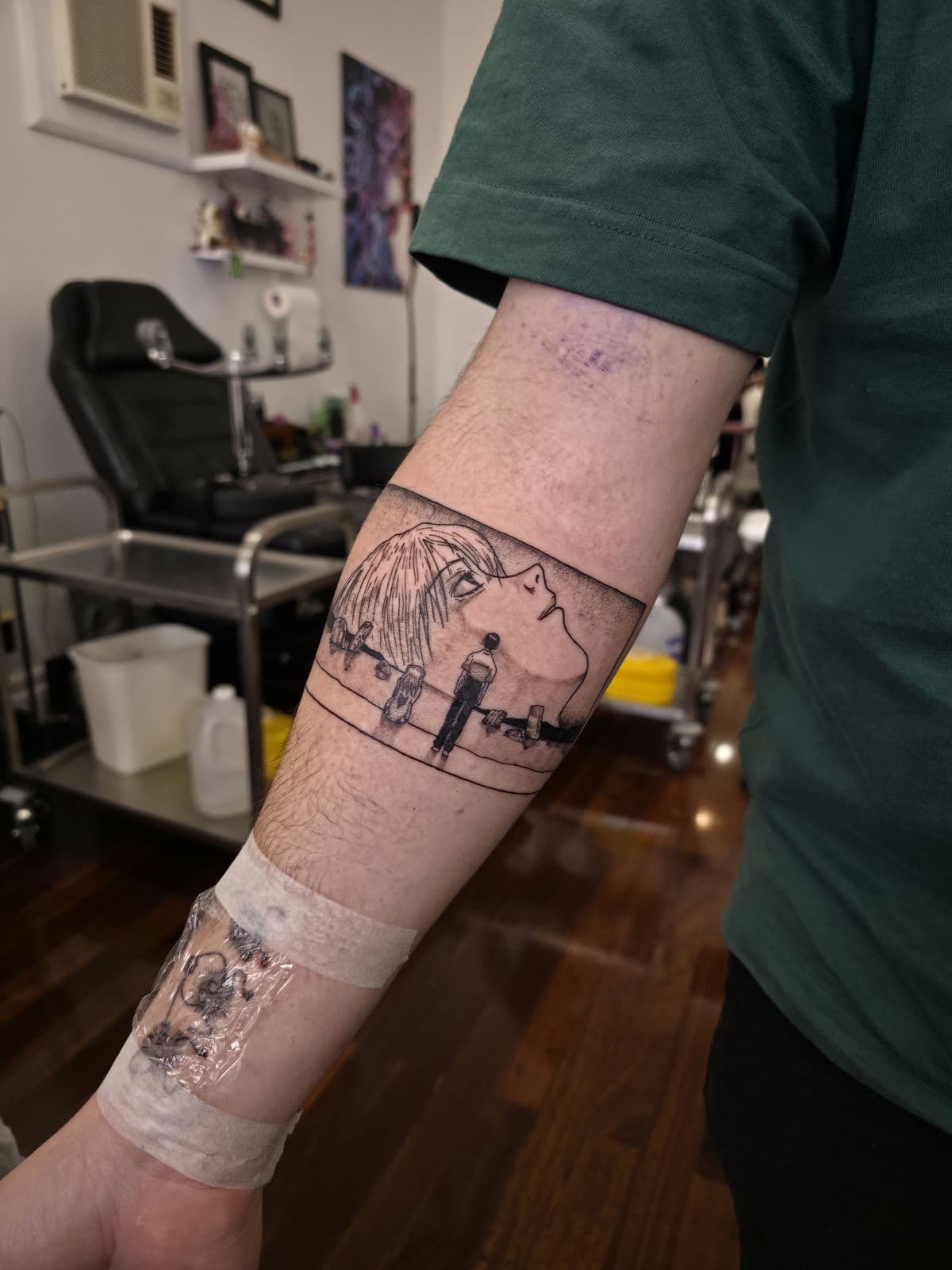 Anime scene band in black and grey, forearm