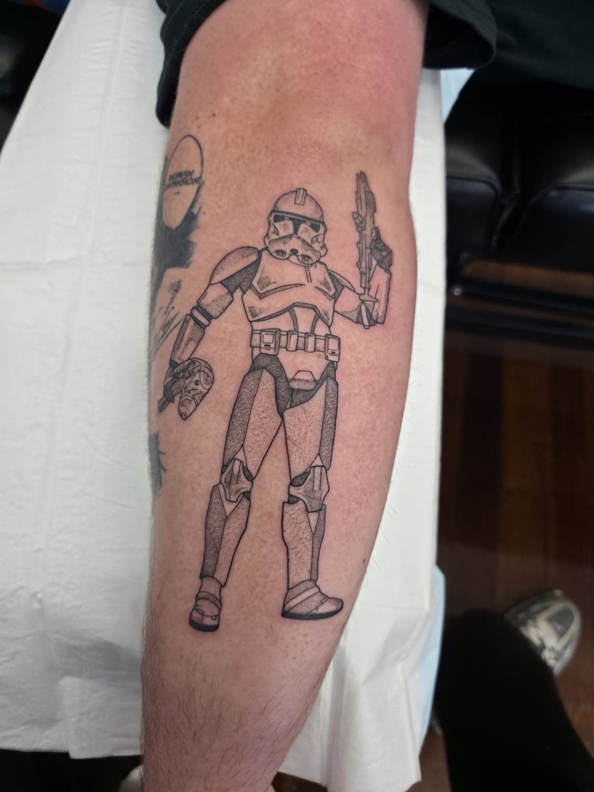 Star Wars clone trooper in black linework, forearm