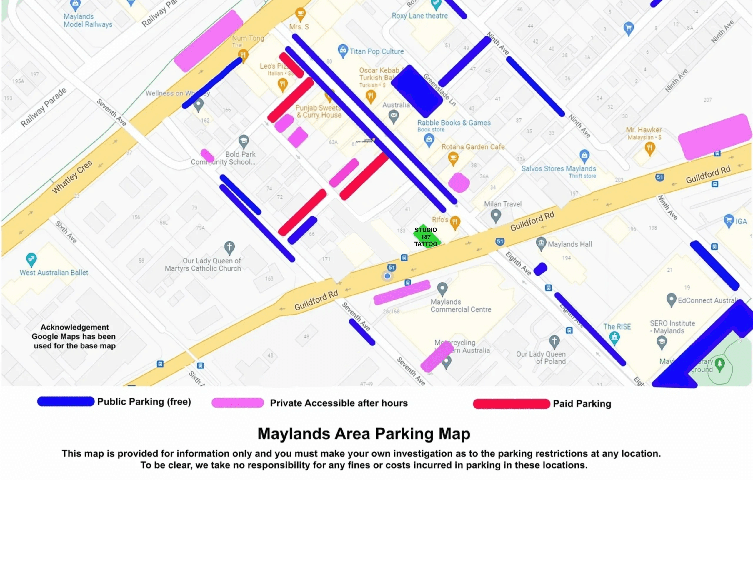 Maylands area parking map showing free, paid, and after-hours private parking near Studio 187
